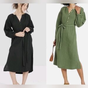 Balloon Sleeve Gauze Midi Dresses with Tie Waist